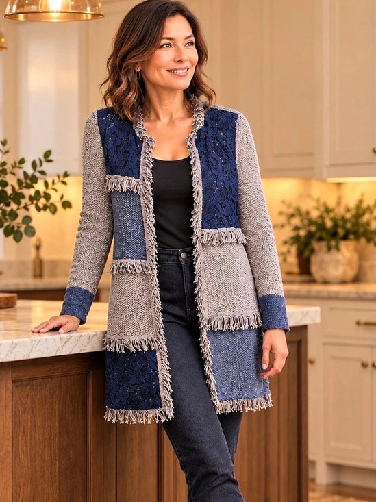 Chico's Sweaters - Chico's Fringe Edge Lace Patchwork Open Cardigan in Shades of Blue